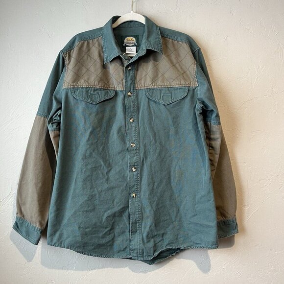 Button Up Patchwork Utility Green Brown Canvas Hunting Shirt L Quilted duck - Picture 2 of 8